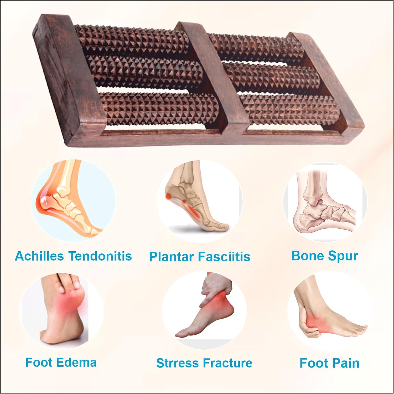 Wooden Foot/Feet Massager 6 Roller Stress Acupressure