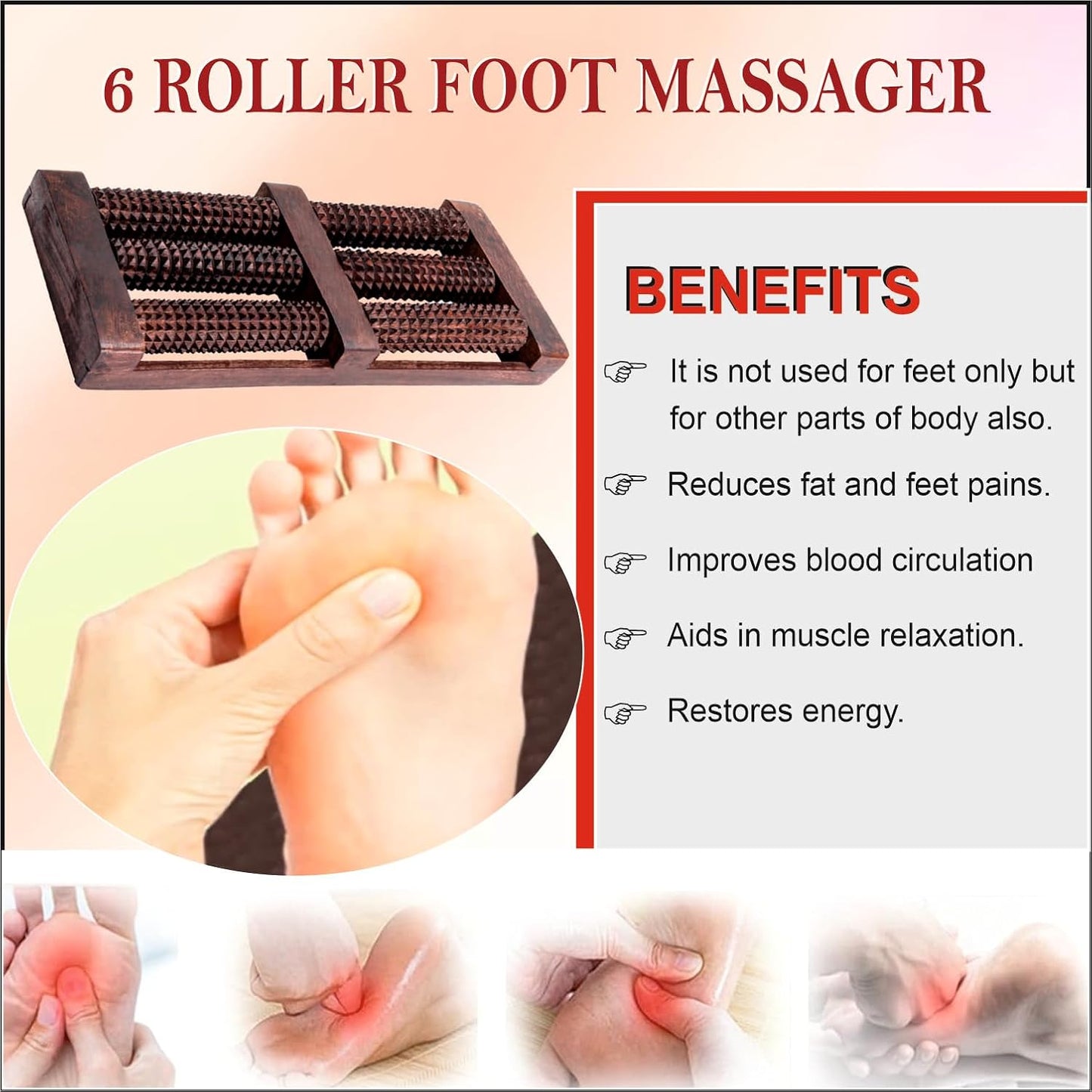 Wooden Foot/Feet Massager 6 Roller Stress Acupressure